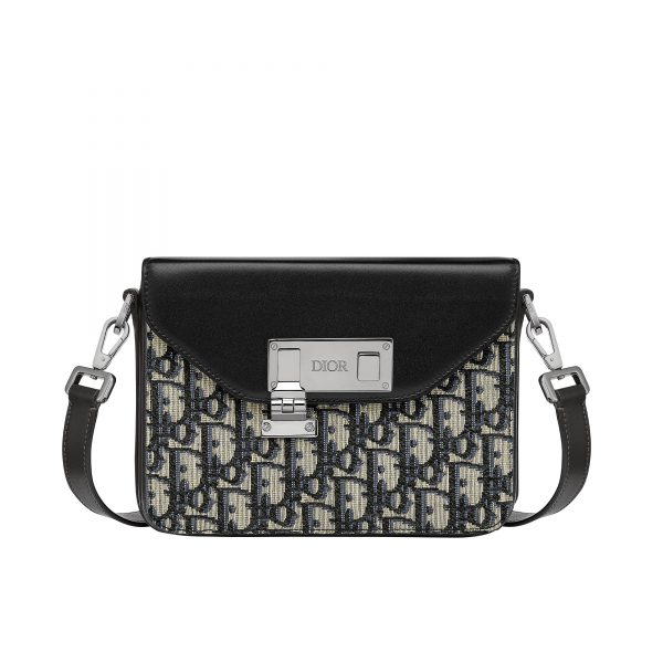 Dior Oblique Jacquard Messenger Crossbody Leather Lock Bag, Black, NEW